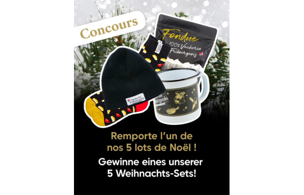 Gagnez 5 lots de Noël avec un bonnet, une tasse, une paire de chaussettes et une fondue 100% Vacherin Fribourgeois AOP
